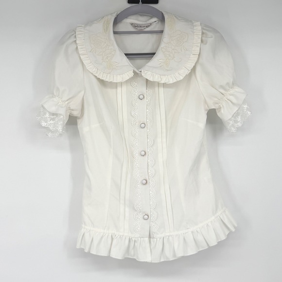Lolitimes Tops - Lolitimes White Embroidered Peter Pan Collar Lace Ruffle Blouse Top Womens M